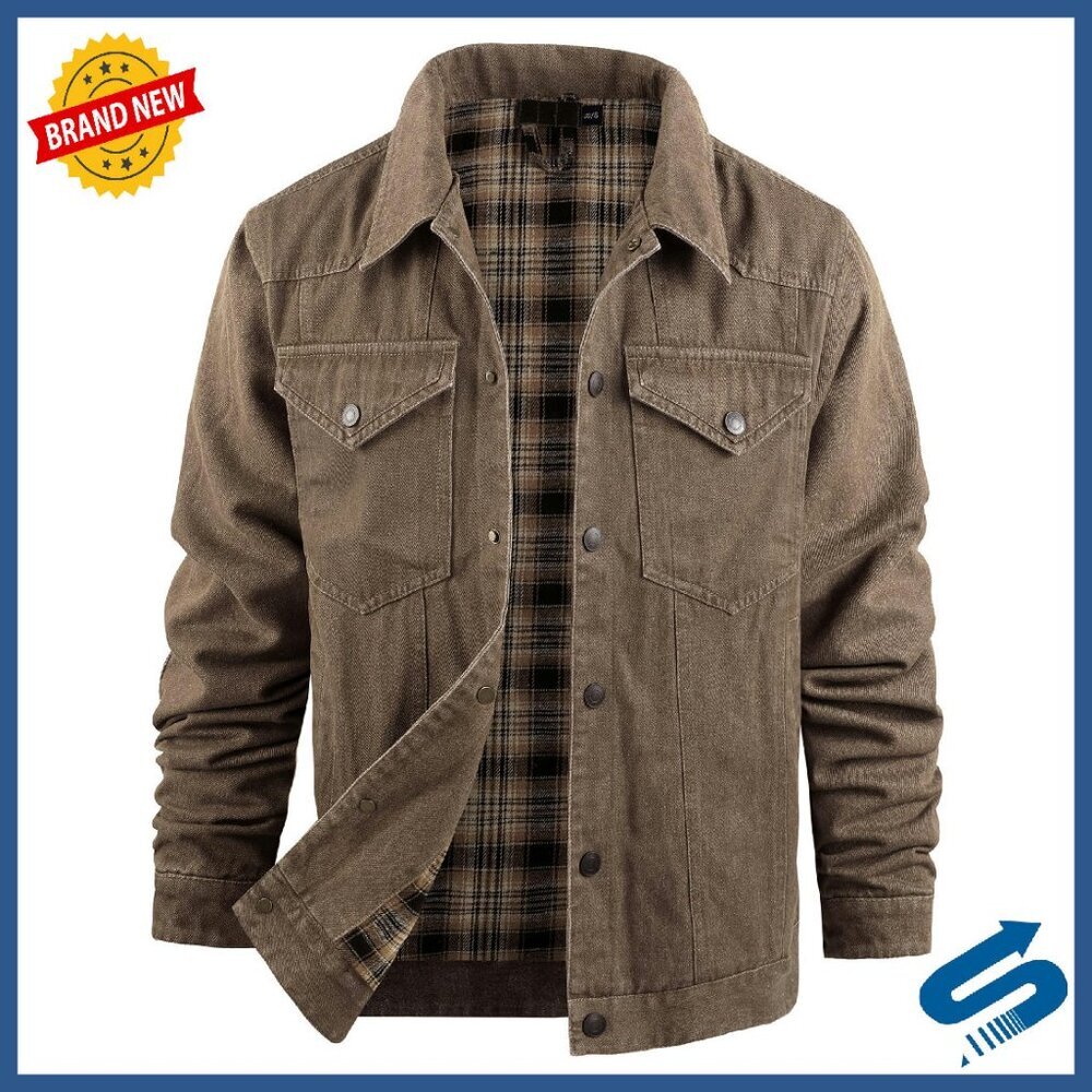 Men's Flannel Lined Denim Jacket Western Trucker Fit Multiple Pockets